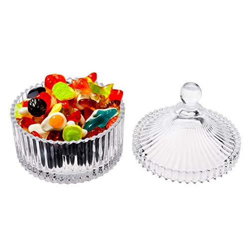 Beautyflier 5” Crystal Castle Candy Dish Stripe Snack Bowl Jar Fruit Container Jewelry Storage Case With Ball Handle Banquet Household Desktop Display Centerpiece #TOP2
