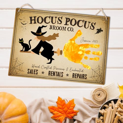 Image of Hocus Pocus Broom Co DIY Handprint Wooden Sign, 7x10in Vintage Halloween Witch Decor, DIY Baby's First Halloween Signs, Holiday Craft, Gift for Kids Toddler, New Mom, New Dad, Memory Keepsake