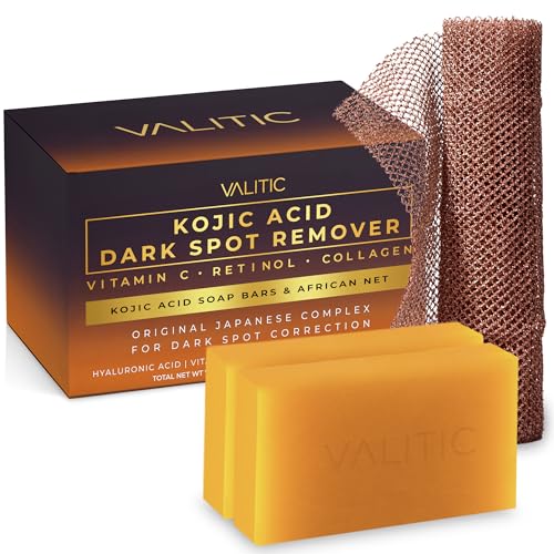 VALITIC Kojic Acid Dark Spot Soap with Turmeric Vitamin C Retinol - Original Japanese Complex with Hyaluronic Acid Vitamin E Shea Butter Castile Olive Oil - 2 Pack and African Net Sponge
