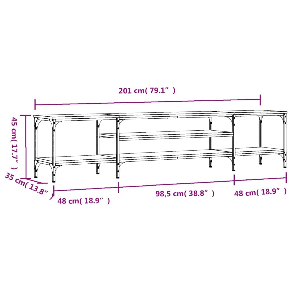 79-Inch Industrial TV Stand, Sonoma Gray Wood and Iron Console | This living room media center features open storage shelves and measures 79 x 14 x 18 inches.