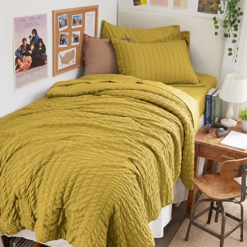 Image of HYMOKEGE Mustard Yellow Twin XL Comforter Set Seersucker 5 Pieces, All Season Luxury Bed in a Bag for Bedroom, Bedding Set with Comforter, Sheets, Pillowcase & Sham
