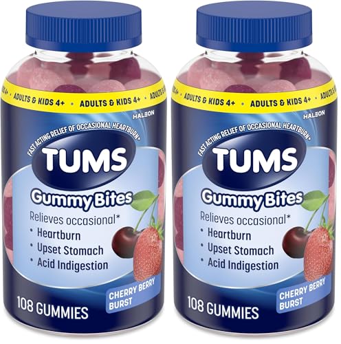 Image of TUMS Gummy Bites Dietary Supplement for Occasional Heartburn Relief, Upset Stomach and Acid Indigestion, Great for a Summer BBQ - Cherry Berry Burst - 108 Count (Pack of 2)