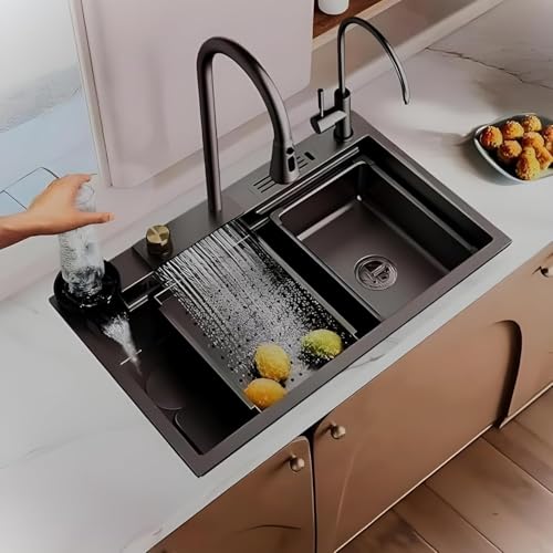 ARQUIN Kitchen Sink 30"x18"x9"Inch Waterfall Sink Single Bowl 304 Grade Stainless Steel with ANTI SCRATCH HONEYCOMB DESIGN Integrated Pull-down Faucet with Cup washer & Drain Baskets