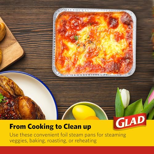 Image of Glad Disposable Aluminum Steam Pans with Clear Plastic Lids, Patriotic Red White Blue Stars, Heavy Duty Foil Pans, 12.5 x 10.2 Inches, Baking Roasting, 3 Count
