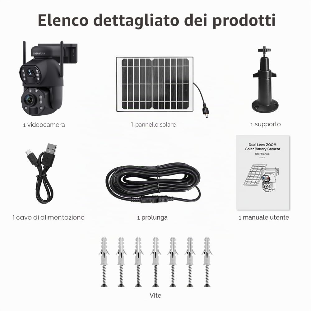 SHIWOJIA Camera 4G Solare Esterno, Fotocamera 4G Dual Obiettivo Zoom Ibrido 50X, 6MP con Visione Notturna a Colore, Rilevamento Umano PIR, Slot SD, Metallo, IP66