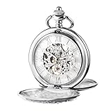 TREEWETO Men's Mechanical Skeleton Pocket Watch for Mens Women Roman Numerals Dial Silver Tone Double Case Pocket Watches