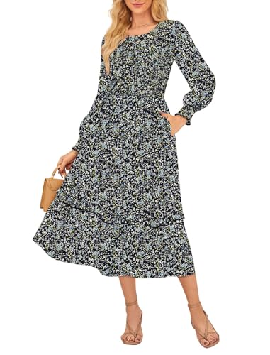 Kate Kasin Damen Freizeit Rundhalsausschnitt Elastische Hohetaille Laternenärmel Blumenkleid Schwarz XXL