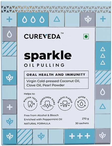 Cureveda Sparkle Oil Pulling for Mouth, Healthy Teeth & Stronger Gums | Herbal Mouthwash with Virgin Coconut Oil | For Mouth Detox & Fresh Breath | Peppermint Flavour (270 gm) (30 Sachet)