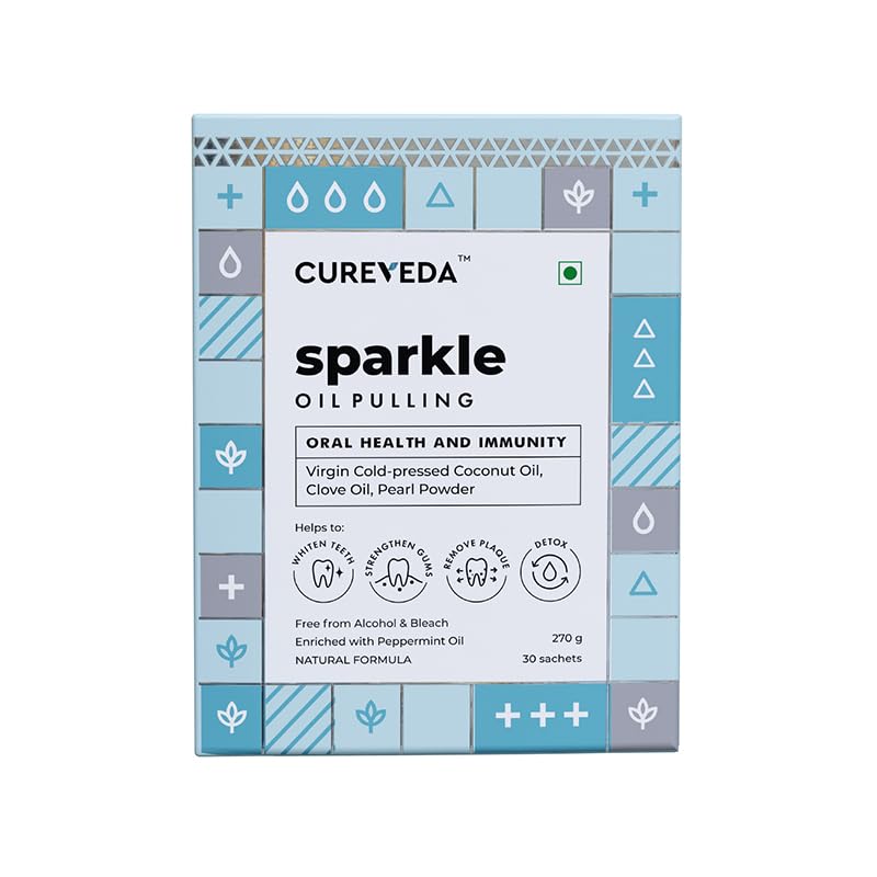 Cureveda Sparkle Oil Pulling for Mouth, Healthy Teeth & Stronger Gums | Herbal Mouthwash with Virgin Coconut Oil | For Mouth Detox & Fresh Breath | Peppermint Flavour (270 gm) (30 Sachet)