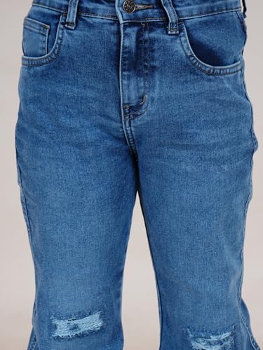 Image of KiddoPanti Girls Bottom Flared Knee Distress Stretchable Denim Jeans with Adjustable Elastic Waist
