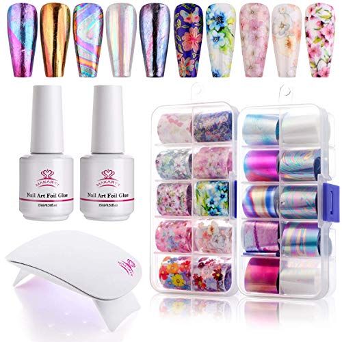 Makartt Nail Art Foil Glue Gel with Rose Flowers Foil Stickers and Nail Lamp Bundle, 20PCS (2.5cm100cm) Stickers Nail Transfer Tips Manicure 15ML, 6W Mini UV LED Lamp