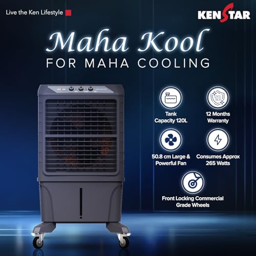 Image of Kenstar MAHA KOOL HC 120 L Desert Air Cooler WITH FRONT LOCKING COMMERCIAL GRADE WHEELS for Home|Anti-Bacterial Honeycomb Pads|High-Speed |Invertor ready|50Ft Air Throw|1-Yr Product Warranty|Grey