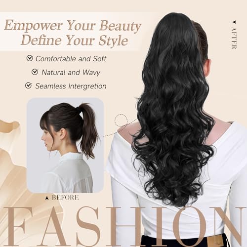 Image of 24 inch Ponytail Extension, Long Curly Wavy Claw Clip and Natural-Looking Synthetic Hairpiece, Voluminous Pony TailHair Extensions for Women Daily Wear. (Black, 24Inch)