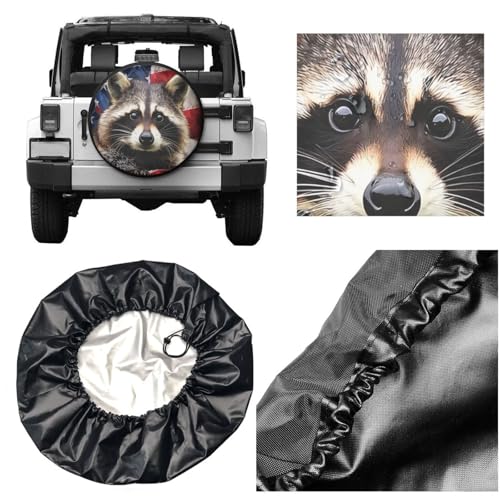 Image of American Flag Raccoon Spare Tire Cover for Rv Trailer Camper Truck SUV - Cute Raccoon Animal Wheel Protectors Cover Waterproof Fabric for Travel Camping Outdoor,Universal Fit,17 inch