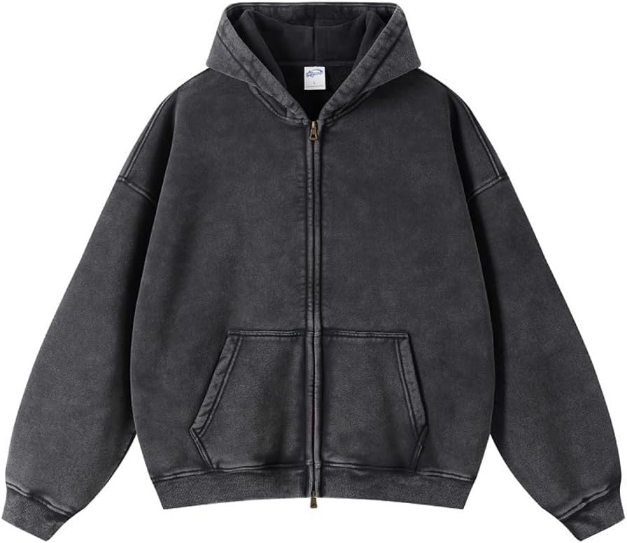 Mi Bo Tong Mens Oversized Hoodies Vintage Acid Wash Zip Up Hooded Sweatshirt with Pocket Long Sleeves Jacket