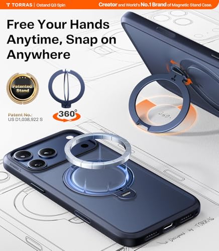 Image of TORRAS Ostand Q3 Spin Case for iPhone 17 Pro Max with 360 Magnetic Stand, 4X Military Grade Shockproof Cover Compatible with MagSafe, Camera Control Hands-Free Viewing Original Imported - Deep Blue