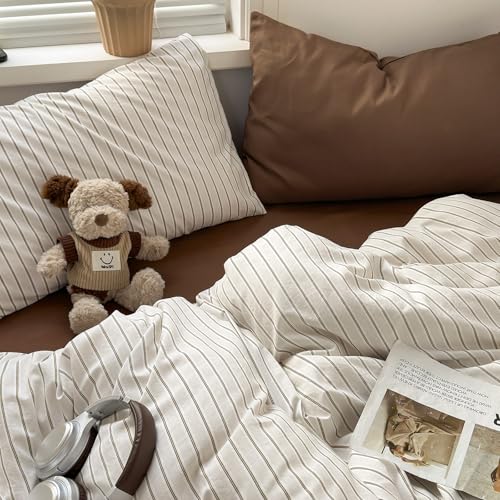 Image of MKXI Twin Size Beige Brown Striped Duvet Cover Set - 3 Piece Vintage Aesthetic Bedding, Lightweight Breathable Comforter Cover, Washed Cotton Feel Neutral Bedroom Decor with Zipper Closure