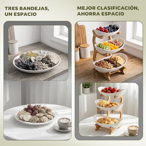 Miniatura 2 de Soporte De Frutas De 3 Niveles Con Tres Cuencos Blancos De Plástico Grueso, Organizador De Cocina Elegante Para Aperitivos Y Decoración, Estructura Estable De Bambú