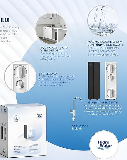 Ecus Ósmosis Inversa Flujo Directo, 600 GPD de Flujo Directo, Certificado NSF/ANSI 58, 3:1 de Pureza a Drenaje, Sistema de Filtro de Agua Bajo el Fregadero sin Tanque, Reducción de TDS