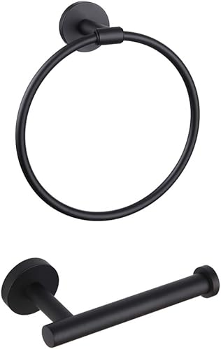 GERZWY Juego de accesorios de baño de 2 piezas, anillo de toalla negro y soporte de papel higiénico SUS 304 de acero inoxidable montado en la pared,