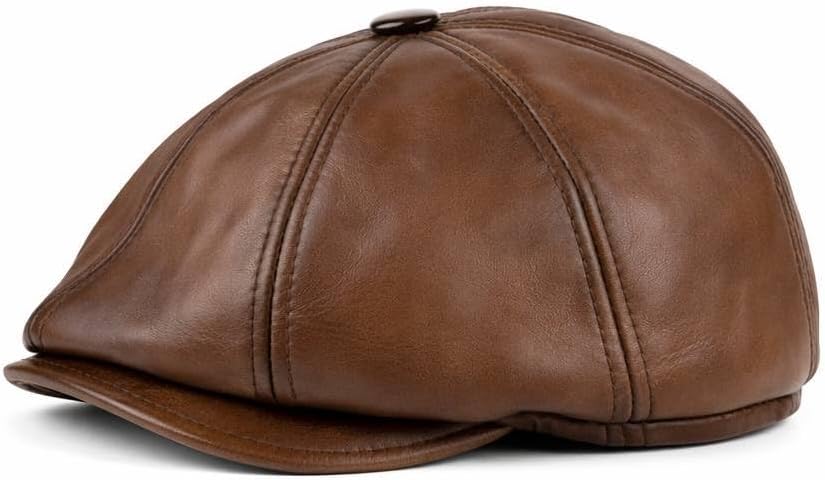 Vintage Sheepskin Leather Flat Cap, Classic Cabbie Driver Ascot Hat - Real Leather Newsboy Cap