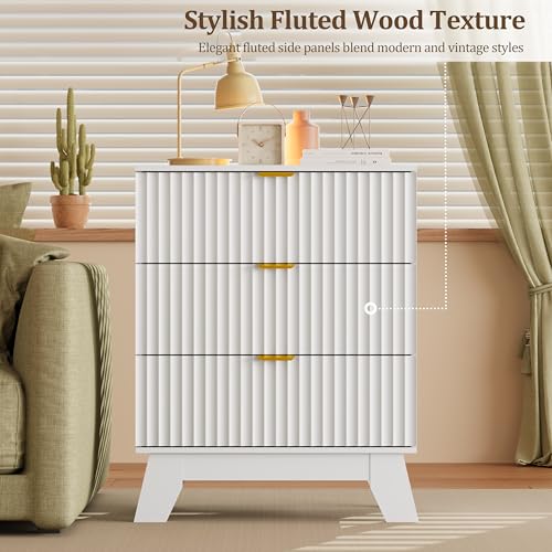 Image of Fluted Nightstand Sets of 2 with 3 Large Drawers, Wooden Side End Table with Elevated Legs for Easy Cleaning, Sturdy Modern Beside Table for Small Space, Bedroom, White, 24 inch L