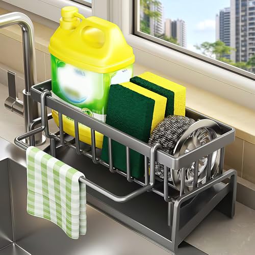 MIHURO Organizador de fregadero de cocina, de acero inoxidable, con bandeja de desagüe autodrenante, organizador para esponjas, toallas, paños de cocina, cepillos, organizador para cocina y baño (gris