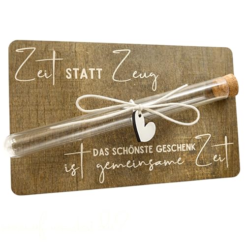 Zeit statt Zeug – Gutschein Geschenk mit Reagenzglas | Holzkarte als Geldgeschenk Verpackung für gemeinsame Zeit | Erlebnisgeschenk für Partner & Paare | personalisierbares Etikett | 10x16 cm