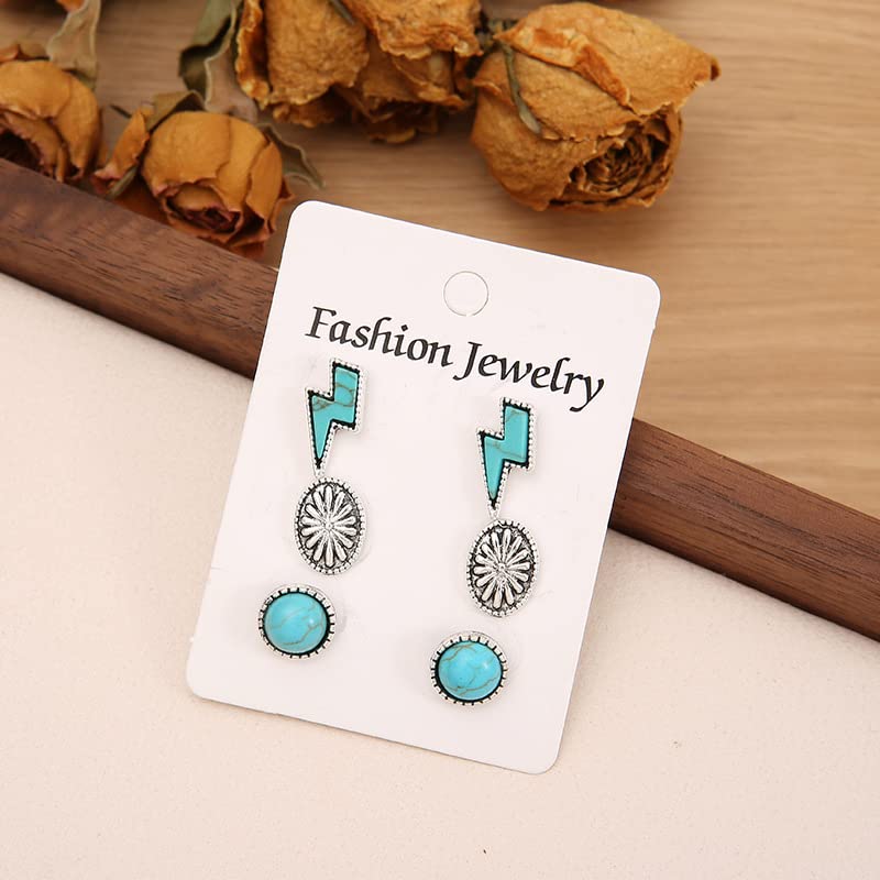 Western Earrings for Women Natural Turquoise Earrings Western Jewelry Lightning Bolt Stud Earrings Set 80s 90s Accessories3
