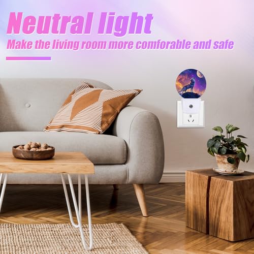 Image of Wolf Night Light Full Moon Night Lights LED Lamp Round Plug into Wall Nightlight with Dusk to Dawn Sensor Home Hallway Stairway Kitchen Decor