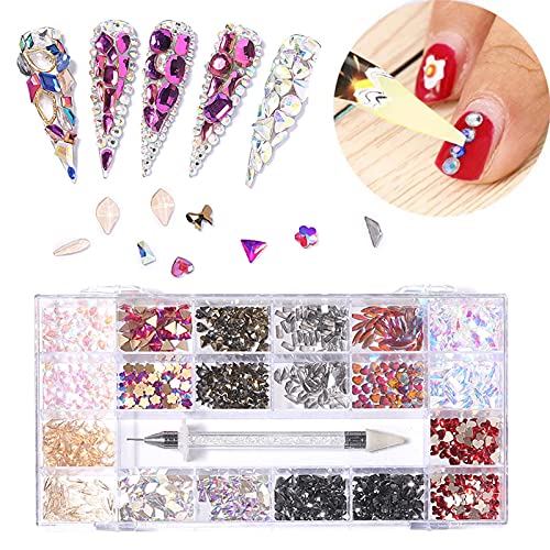 Botiniv 21 Grid Nail Art Strass-Set, Mix Size Kristalle Juwelen Flatback Nail Gems 600 Großer Diamant +2500 Kleiner… – Bild 3