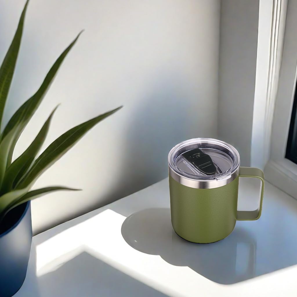 Volhoply 14oz Insulated Stainless Steel Coffee Mug with Leakproof Lid,Double Wall Vacuum Travel Coffee Cup with Handle,Reusable Cups Tumbler,Camping Mugs Keep Hot,Ideal Gifts(Army Green,1) - Image 5