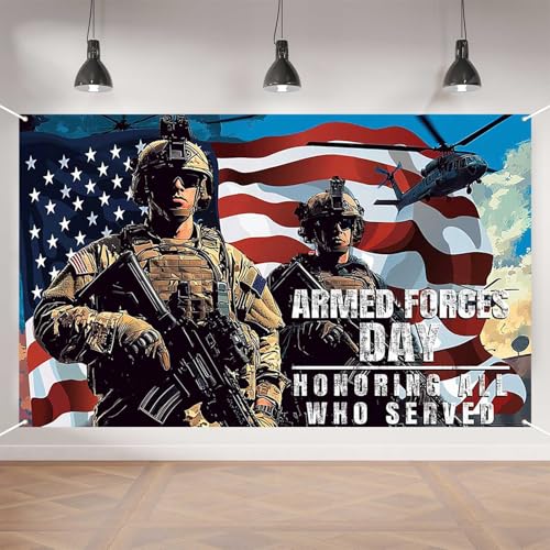 Aperturee Armed Forces Day Banner 70.8 x 43.3 Inch – Honoring All Who Served Military Celebration Backdrop, Patriotic Veterans Day Decorations for Indoor Outdoor Party Supplies