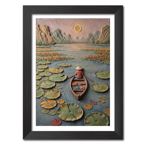 Image of TenorArts Boat on the Lake Art 3D Clay Textured Digital Art Print Photo Frame, Modern Art Abstract Painting For Bedroom Living Room Home and Cafe Decor | Minimal Drawing Black Framed Posters for Decoration (9x12 inches) [CL-S01]