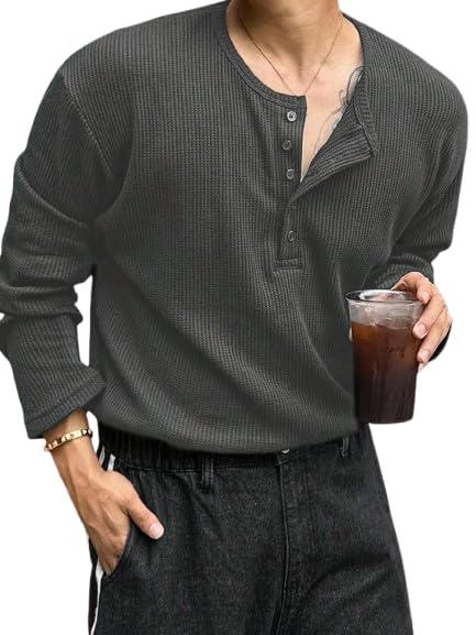 Image of Men's Textured Fabric Solid Color Basic Half-Open Collar T-Shirt, Fall Long Sleeve Men Shirt | Tshirt for Men