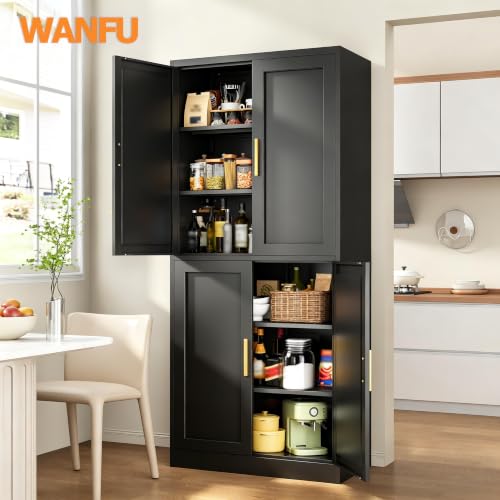 Image of Wanfu 71 inch Tall Pantry Cabinet, Metal Kitchen Pantry Cabinet with 4 Doors and 4 Adjustable Shelves, Kitchen Pantry Storage Cabinets, Metal Storage Cabinet for Kitchen, Dining Room, Living Room-Black