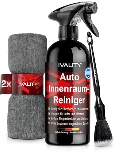Ivality Premium Auto Innenraum Reiniger Set 500ml - Cockpitpflege für die Innen Reinigung von Kunststoff Polster Leder & Armaturen - Auto Pflege Innenraumreiniger mit Pinsel - Cockpit Reiniger