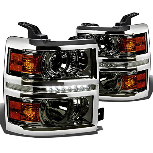 DNA MOTORING LED DRL Strip Projector Headlights Compatible with 14-15 Chevy Silverado 1500 Left+Right Smoked/Amber HL-HPL-LED-CSIL14-SM-AM