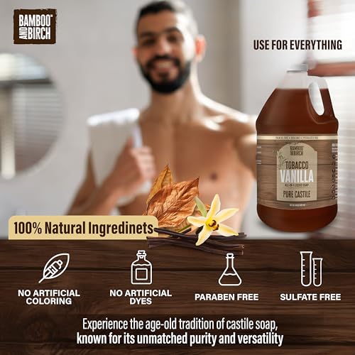 Image of BAMBOO AND BIRCH Pure Castile Soap Liquid, Certified Palm Oil Free Natural Soap, Tobacco Vanilla, 64 oz