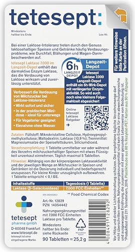 tetesept Laktase 7.000 – Laktasetabletten bei Laktoseunverträglichkeit – Nahrungsergänzungsmittel mit Sofortwirkung & 5h Langzeit-Depot – 1 Dose à 90 Stück 2