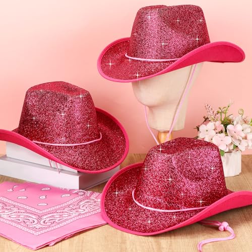 Image of Coume 12 Pcs Sparkly Adults Cowboy Hat and Bandanas Women Men Western Glitter Cowgirl Party Hats with Adjustable Drawstring
