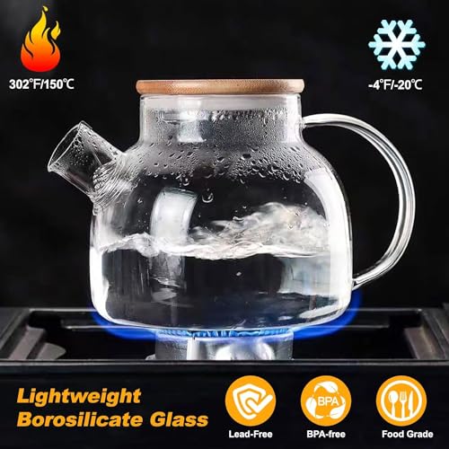 Image of Glass Tea Pot Kettles Stovetop Safe, 1000ml Heatproof Borosilicate Glass Teapot Water Pitcher with Bamboo Lid and Removable Filter Spout for Loose Leaf and Blooming Tea 1 Pcs