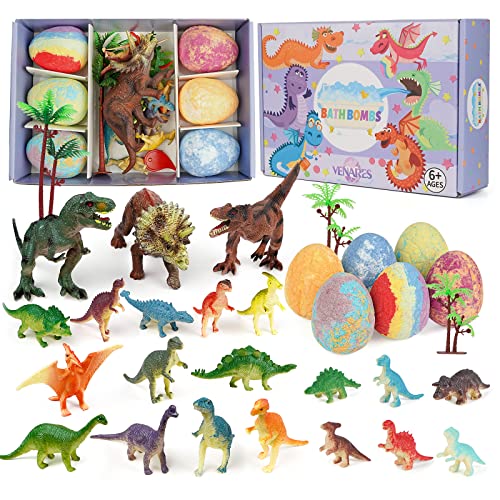 Badebomben Geschenkset, Venares Badekugeln Kinder mit überraschung, 6 x 80G Badebomben Kinder mit 22 stk Jurassic World Dinosaurier Spielzeugfigur mit Aktivität Spielmatte, Badezusatz Kinder