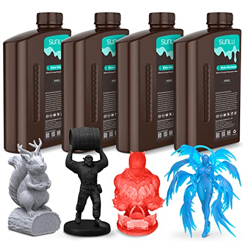Sunlu Water Washable Resin Bundle Multicolor, Rapid Curing 3D Printing Liquid Photopolymer Resin, 395 To 405Nm Uv Curing, 2Kg In Total, 0.5Kg Per Bottle, 4 Pack, Grey+Black+Clear Blue+Clear Red #TOP17