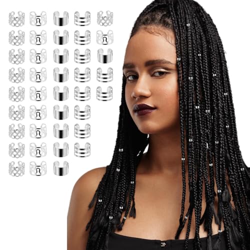 Giantree 40 Pcs Silver Hair Jewelry for Braids, Dreadlocks & Locs - Metal Silver Hair Cuffs, Rings & Clips - Decorations for Women & Men
