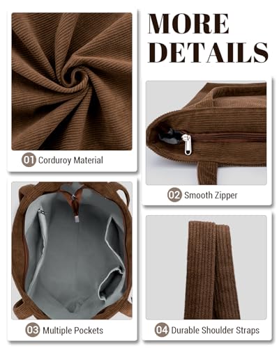 Image of Iioscre Corduroy Tote Bag for Women,Hobo HandBags with Zipper,Large Capacity Casual Shoulder Handbags with Inner Pockets