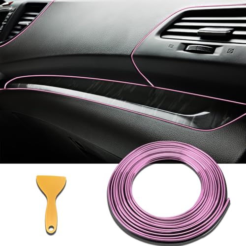 Piburth Car Interior Moulding Trim Strips, 33Ft/10M Universal Electroplating Decoration Filler Insert Strips, Styling Dashboard DIY Flexible Strip with Installing Tool (Pink)