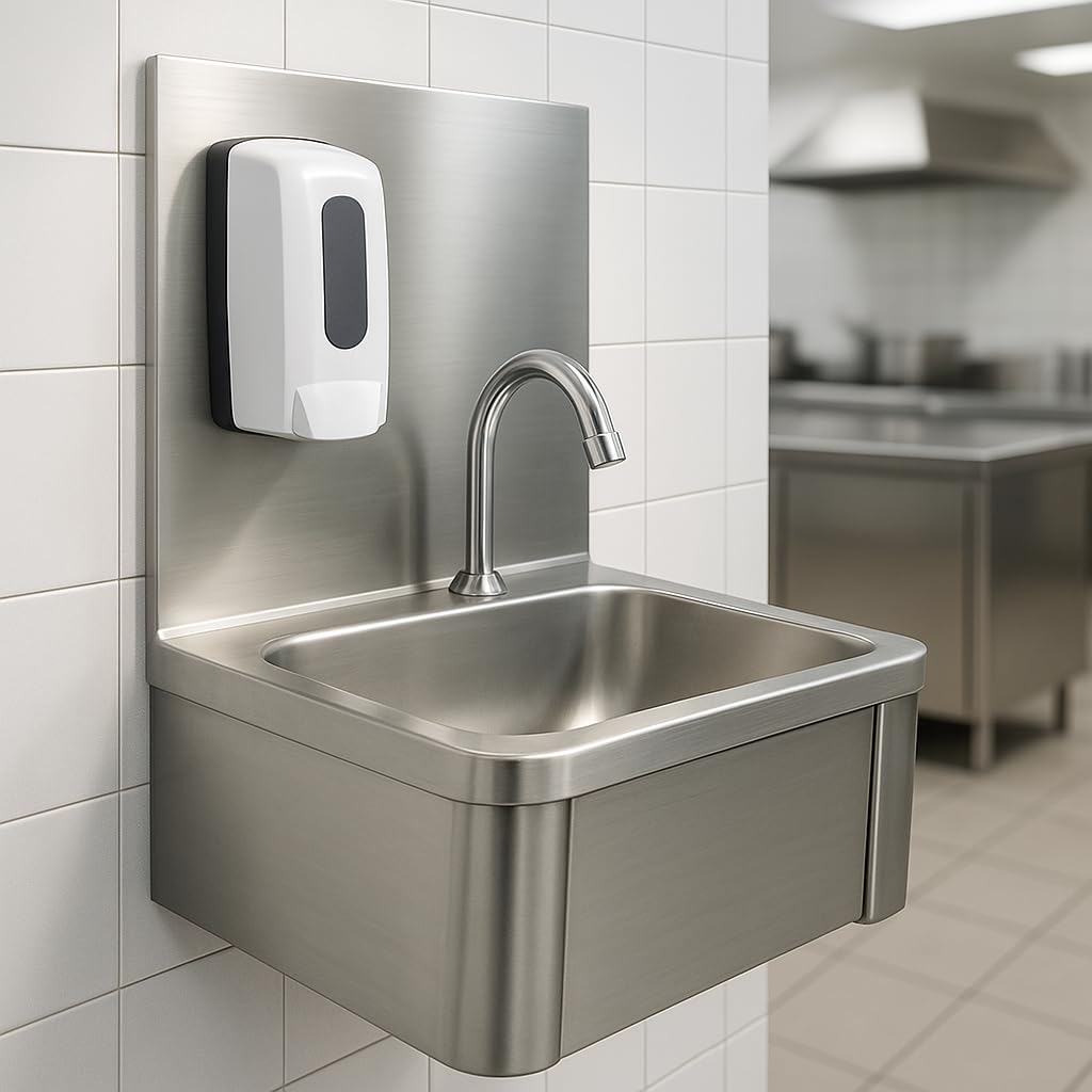 Lave-mains mural professionnel cuve en inox 304 avec dosseret + robinet + distributeur de savon – Idéal cuisine pro, restaurant, bar, collectivité, CHR