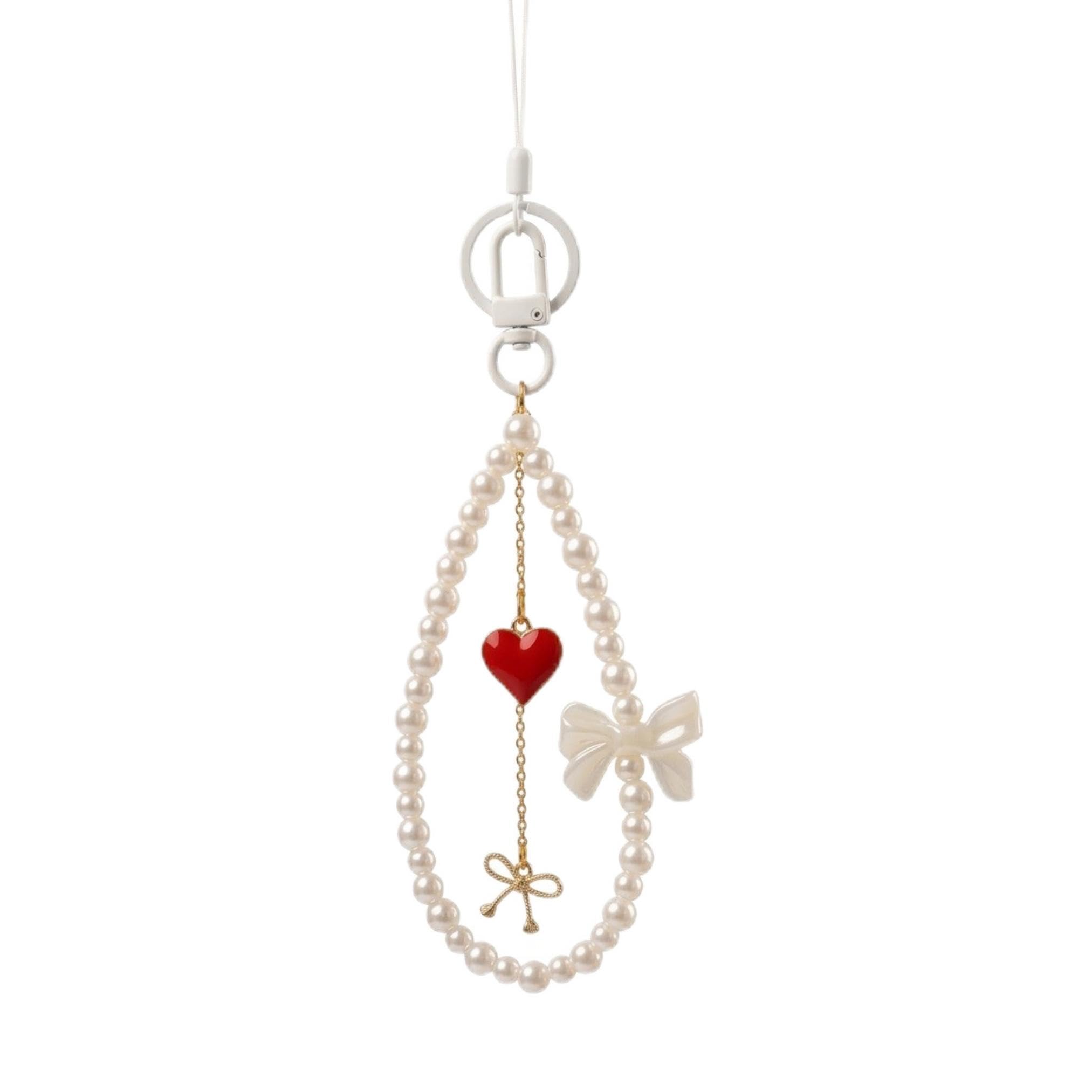 Fourroots White Pearl Phone Charm for Girls | Red Heart & Bow Beaded Mobile Charm | Aesthetic Coquette Phone Strap Accessory | Compatible with Lanyard Hole Cases-image-8