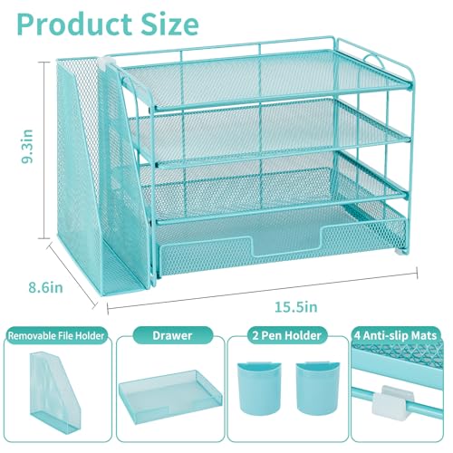 Image of OPNICE Desk Organizer, 4-Tier Desktop File Organizer with Drawer and Pen Holders, Office Desk Accessories, File Sorters, Workspace Organizers for Office Supplies(Teal Blue)